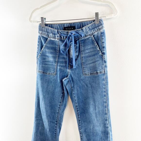 Risen Denim Mid Rise Flare Jeans With Drawstring and Front Pockets Blue 5 / 27 - Picture 7 of 13